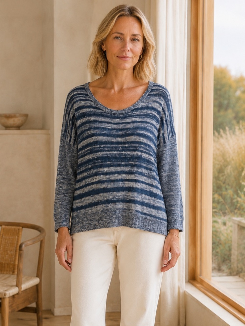 Eileen Fisher Organic Linen Cotton Stripe Sweater Blue White Large